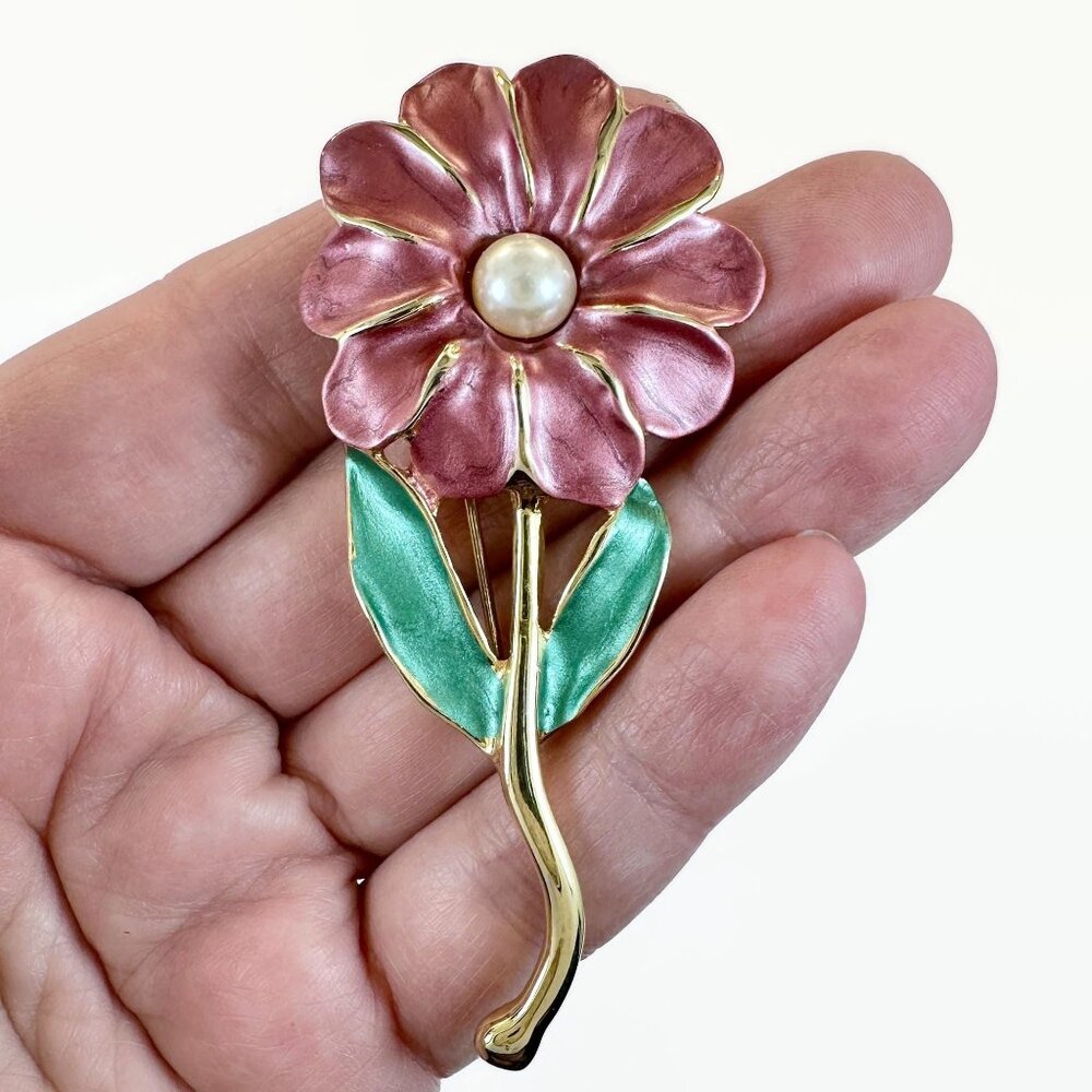 Vintage Floral Brooch: Enameled, Pink, Flower, Daisy, Gold Tone, 3" Long